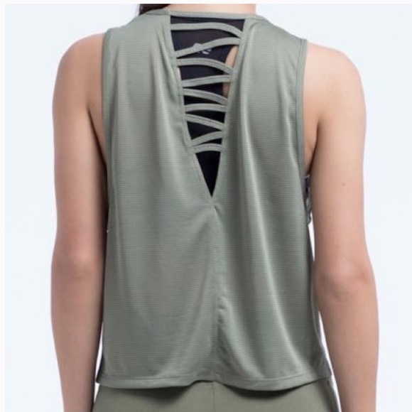 Marika Active Crop Top Tank - Olive Green Striped - Picture 10 of 11
